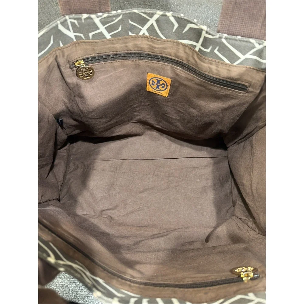 Tory Burch Tote Bag Purse Shoulder Bag Brown Jungle Print Canvas